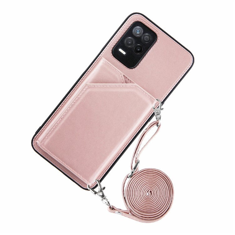 Card Holder Design Leather Kickstand Phone Case Cover with Shoulder Strap for Realme 8 5G/V13 5G/Narzo 30 5G - Rose Gold