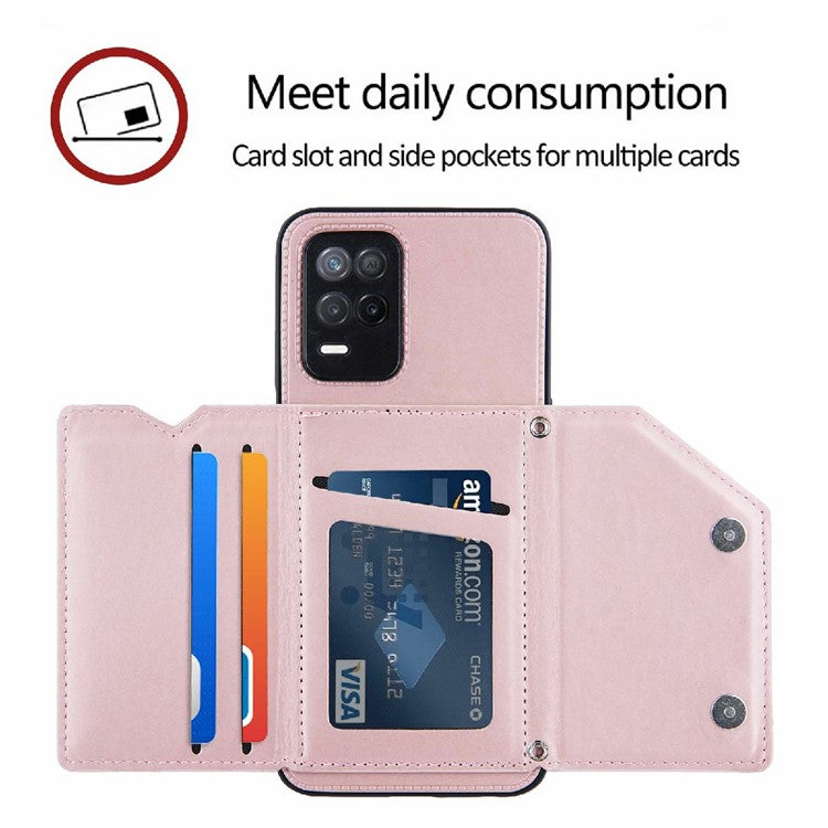 Card Holder Design Leather Kickstand Phone Case Cover with Shoulder Strap for Realme 8 5G/V13 5G/Narzo 30 5G - Rose Gold