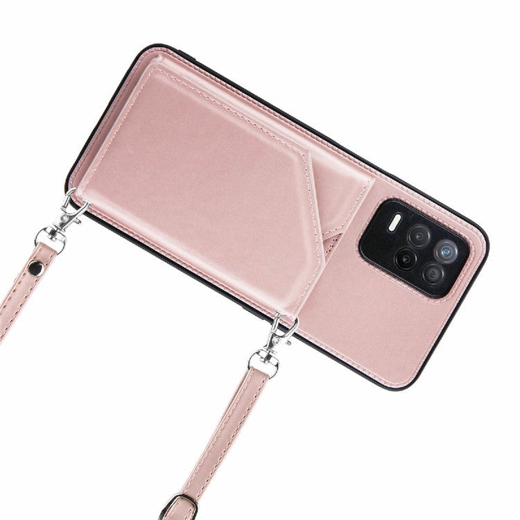 Card Holder Design Leather Kickstand Phone Case Cover with Shoulder Strap for Realme 8 5G/V13 5G/Narzo 30 5G - Rose Gold