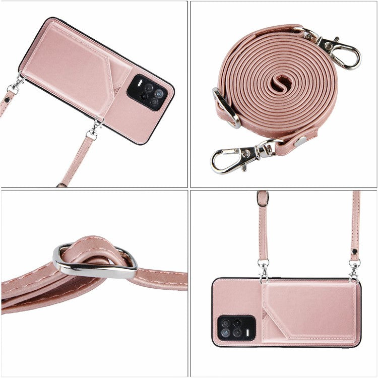 Card Holder Design Leather Kickstand Phone Case Cover with Shoulder Strap for Realme 8 5G/V13 5G/Narzo 30 5G - Rose Gold