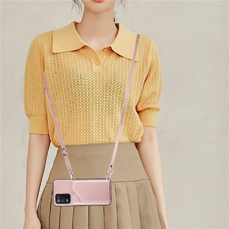 Card Holder Design Leather Kickstand Phone Case Cover with Shoulder Strap for Realme 8 5G/V13 5G/Narzo 30 5G - Rose Gold