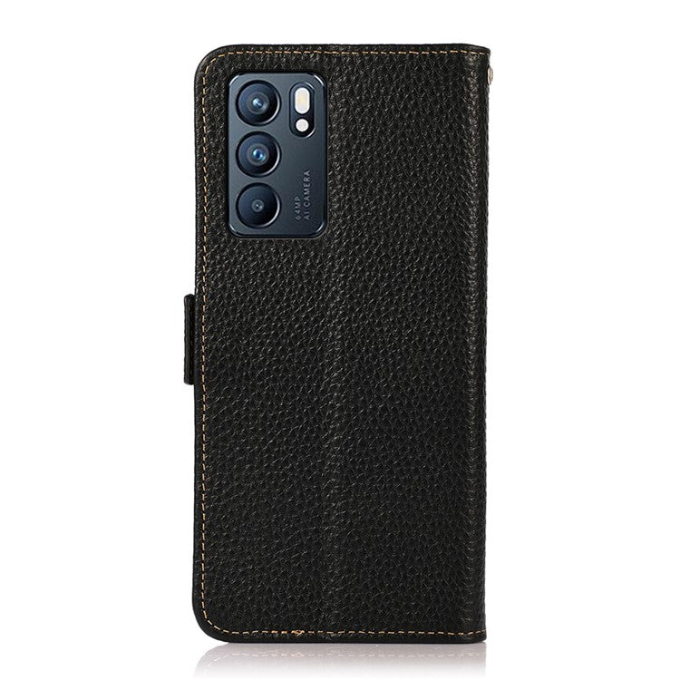KHAZNEH Litchi Texture Genuine Leather Anti-theft Swiping Design Phone Case Cover for Oppo Reno6 5G - Black