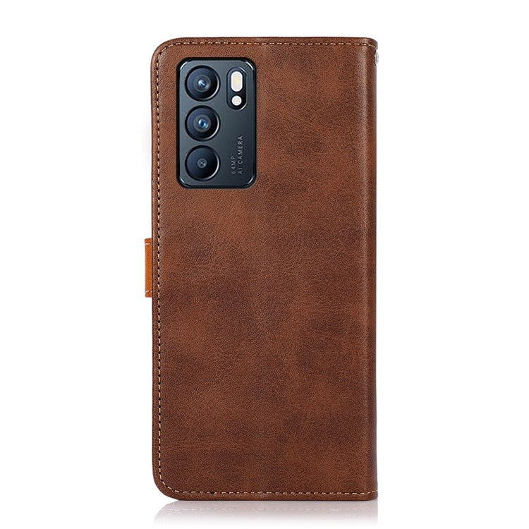 KHAZNEH Stand Wallet Protective Case Cell Phone Leather Cover with Golden Magnetic Clasp for Oppo Reno6 5G - Brown