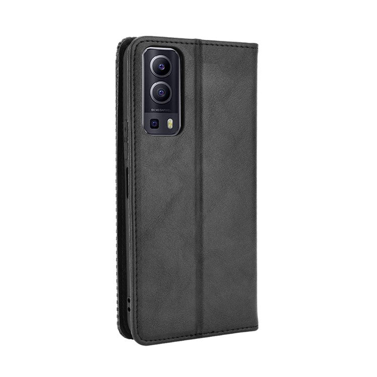 Magnetic Auto-absorbed Vintage Style Phone Wallet Stand Design Leather Case for vivo Y72 5G/iQOO Z3 - Black