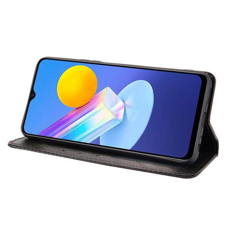 Magnetic Auto-absorbed Vintage Style Phone Wallet Stand Design Leather Case for vivo Y72 5G/iQOO Z3 - Black