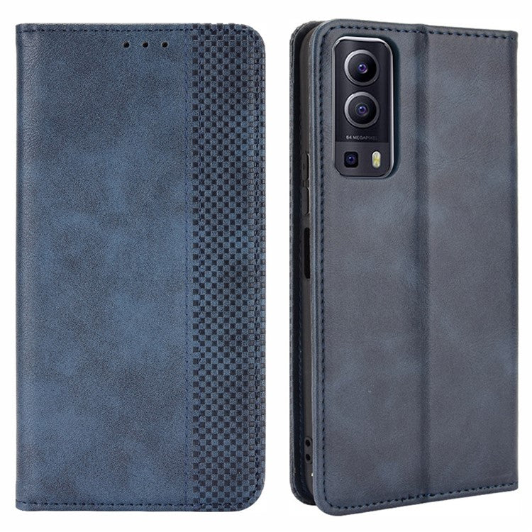 Magnetic Auto-absorbed Vintage Style Phone Wallet Stand Design Leather Case for vivo Y72 5G/iQOO Z3 - Blue