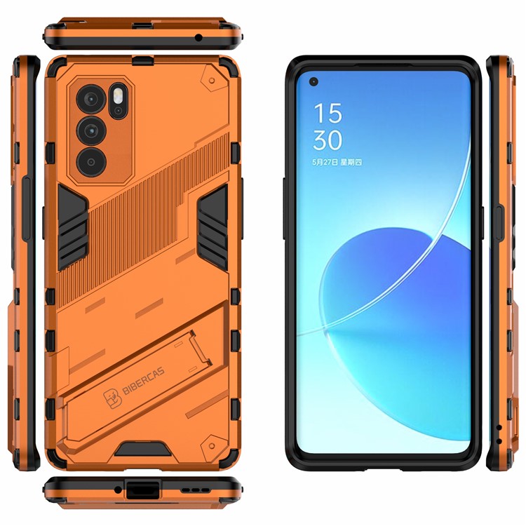 Kickstand Design Heavy Duty Tough Protection PC + TPU Case for Oppo Reno6 Pro 5G (MediaTek) - Orange
