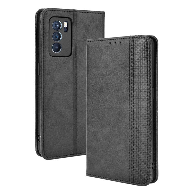 Vintage Style Magnetic Closure Leather Phone Case with Wallet Stand Design for Oppo Reno6 Pro 5G (MediaTek) - Black