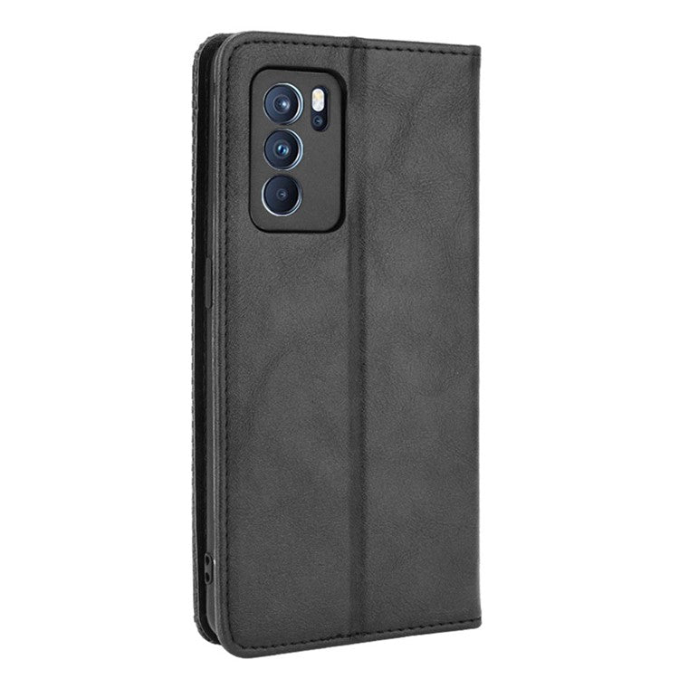 Vintage Style Magnetic Closure Leather Phone Case with Wallet Stand Design for Oppo Reno6 Pro 5G (MediaTek) - Black