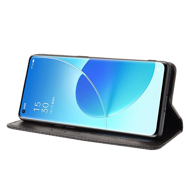 Vintage Style Magnetic Closure Leather Phone Case with Wallet Stand Design for Oppo Reno6 Pro 5G (MediaTek) - Black