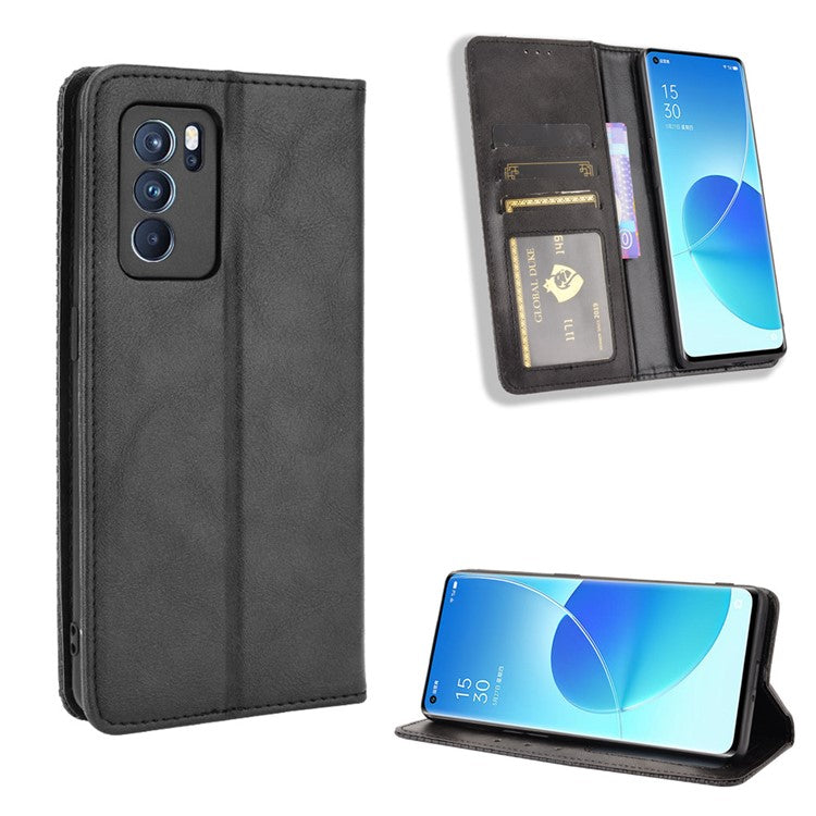 Vintage Style Magnetic Closure Leather Phone Case with Wallet Stand Design for Oppo Reno6 Pro 5G (MediaTek) - Black