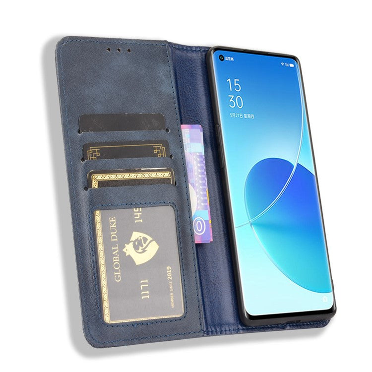 Vintage Style Magnetic Closure Leather Phone Case with Wallet Stand Design for Oppo Reno6 Pro 5G (MediaTek) - Blue