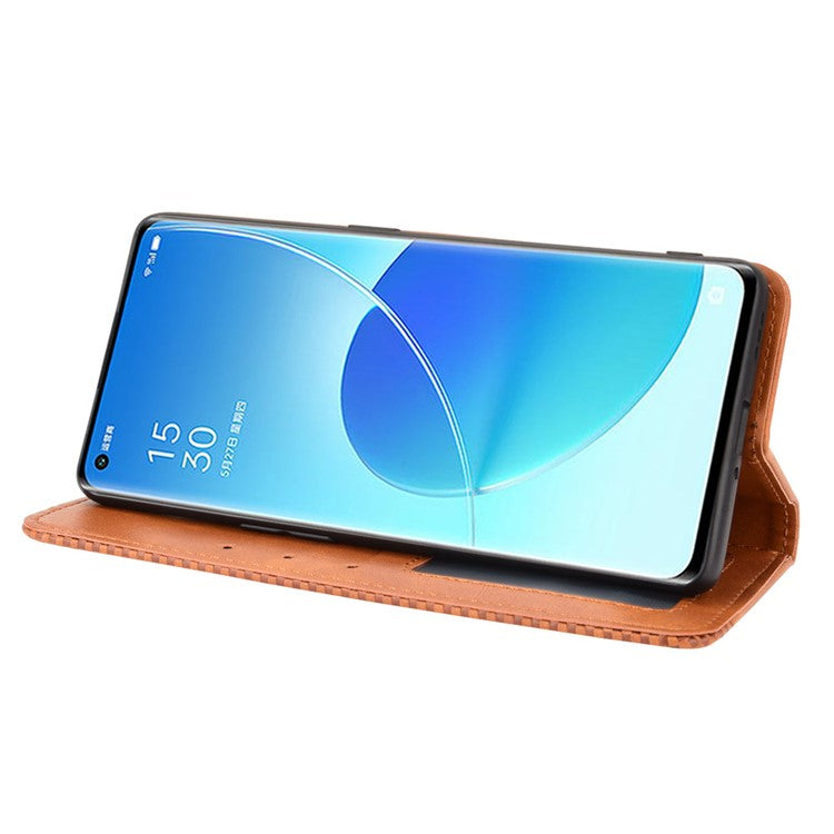 Vintage Style Magnetic Closure Leather Phone Case with Wallet Stand Design for Oppo Reno6 Pro 5G (MediaTek) - Brown