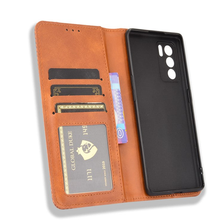 Vintage Style Magnetic Closure Leather Phone Case with Wallet Stand Design for Oppo Reno6 Pro 5G (MediaTek) - Brown