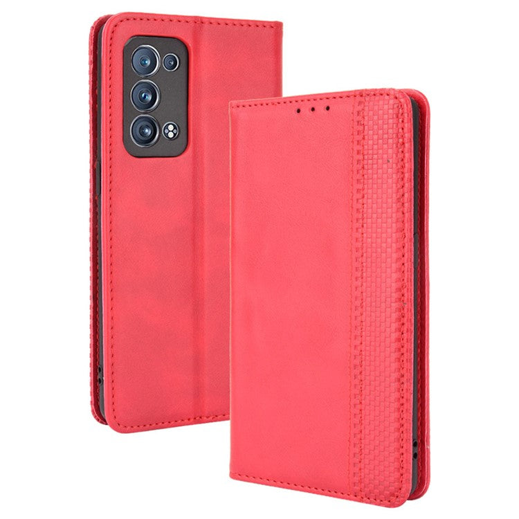 Wallet Stand Design Vintage Style Magnetic Auto-absorbed Leather Phone Case for Oppo Reno6 Pro+ 5G/Pro 5G (Snapdragon) - Red