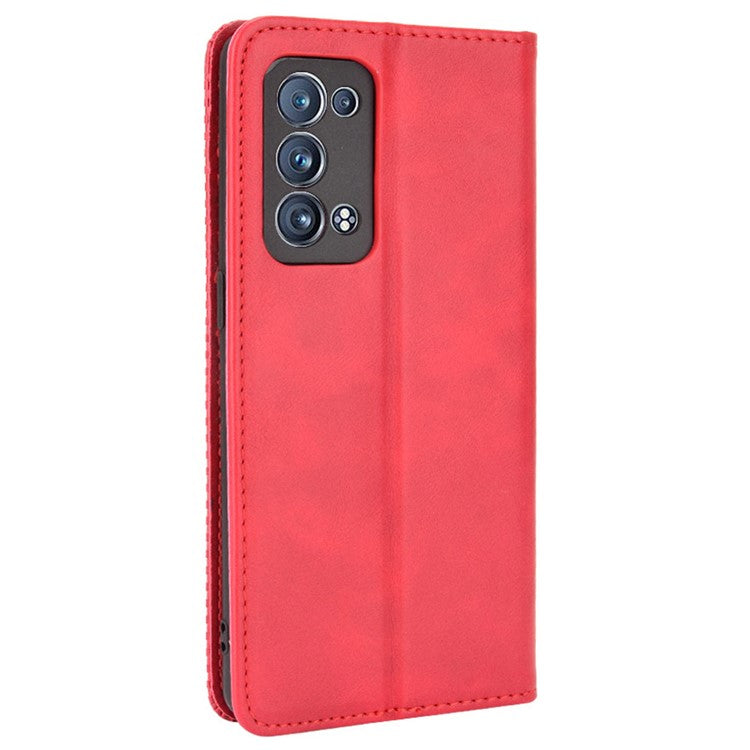 Wallet Stand Design Vintage Style Magnetic Auto-absorbed Leather Phone Case for Oppo Reno6 Pro+ 5G/Pro 5G (Snapdragon) - Red