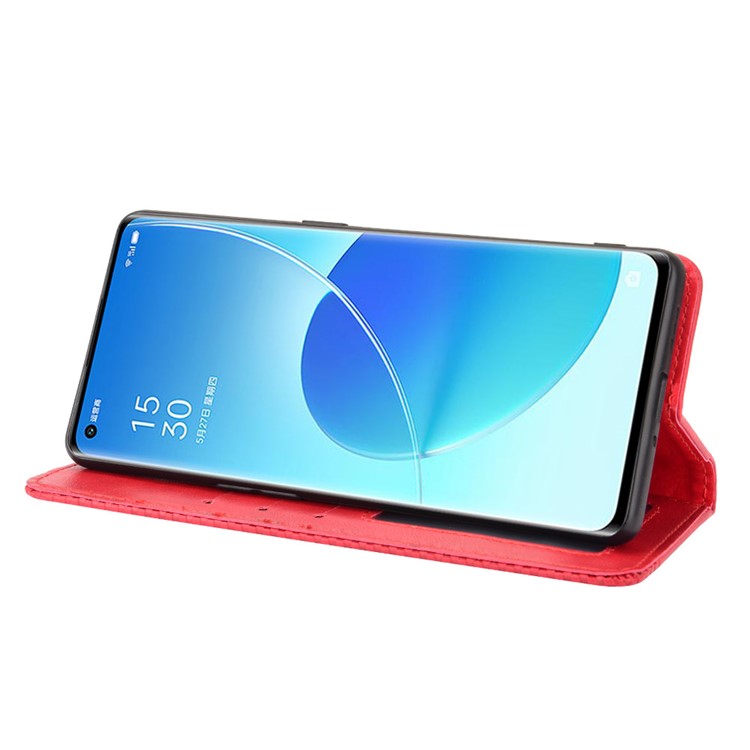 Wallet Stand Design Vintage Style Magnetic Auto-absorbed Leather Phone Case for Oppo Reno6 Pro+ 5G/Pro 5G (Snapdragon) - Red