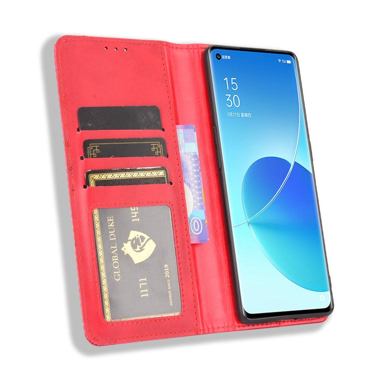Wallet Stand Design Vintage Style Magnetic Auto-absorbed Leather Phone Case for Oppo Reno6 Pro+ 5G/Pro 5G (Snapdragon) - Red
