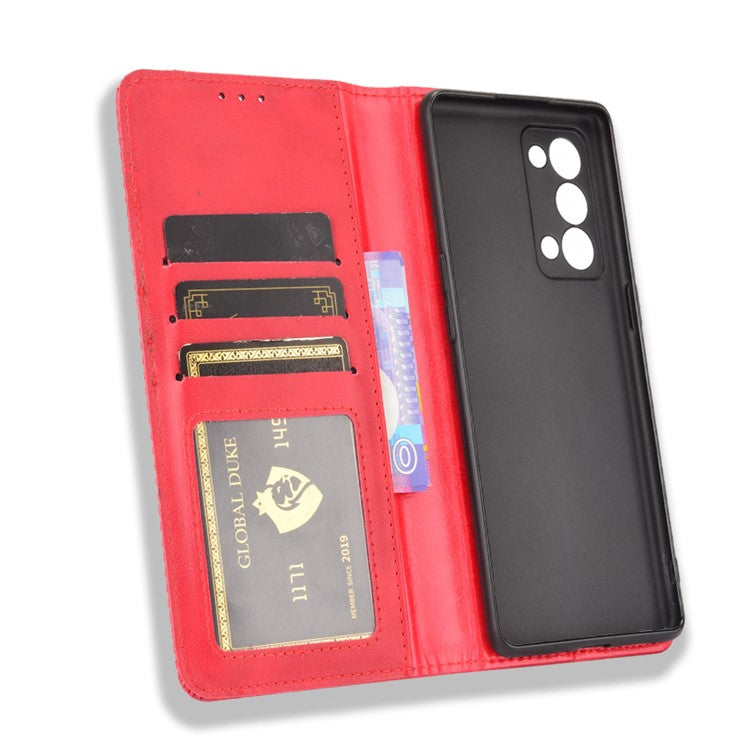 Wallet Stand Design Vintage Style Magnetic Auto-absorbed Leather Phone Case for Oppo Reno6 Pro+ 5G/Pro 5G (Snapdragon) - Red