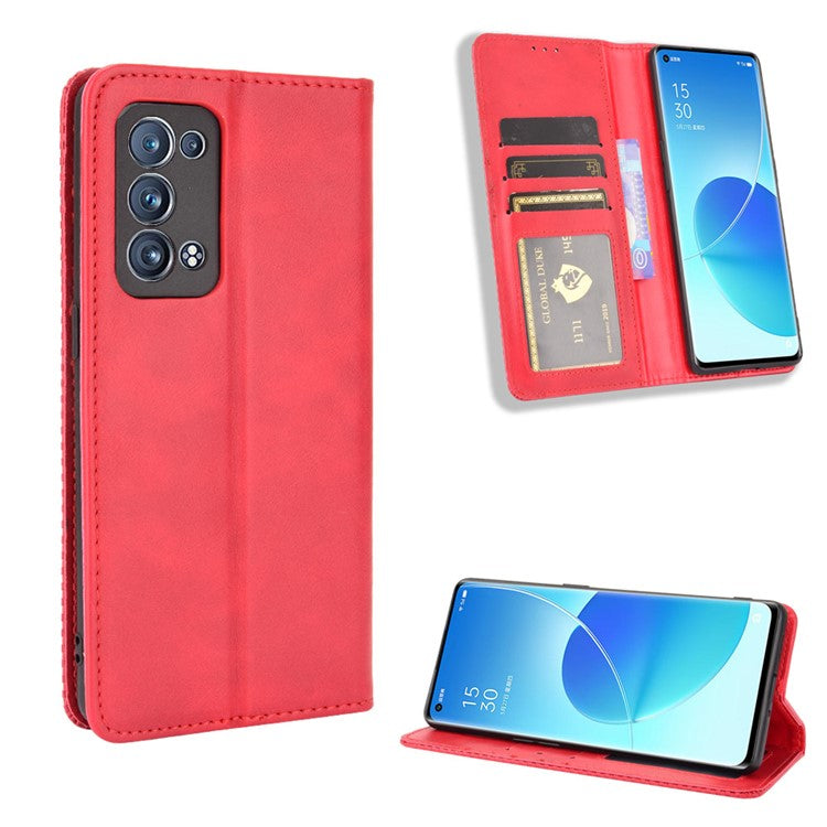 Wallet Stand Design Vintage Style Magnetic Auto-absorbed Leather Phone Case for Oppo Reno6 Pro+ 5G/Pro 5G (Snapdragon) - Red