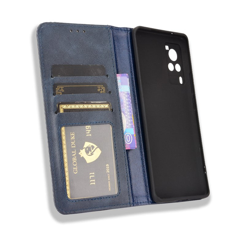 Vintage Magnetic Auto-absorbed Leather Phone Case with Wallet Stand Design for vivo X60 5G/X60 Pro 5G (Global) - Blue