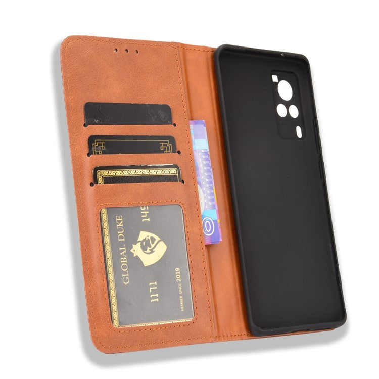 Vintage Magnetic Auto-absorbed Leather Phone Case with Wallet Stand Design for vivo X60 5G/X60 Pro 5G (Global) - Brown