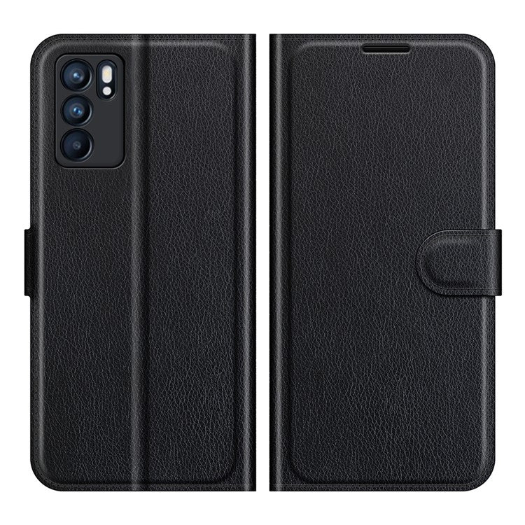Litchi Skin Full Body Coverage Shockproof Protective Magnetic Folio Wallet Leather Phone Case for Oppo Reno6 5G - Black