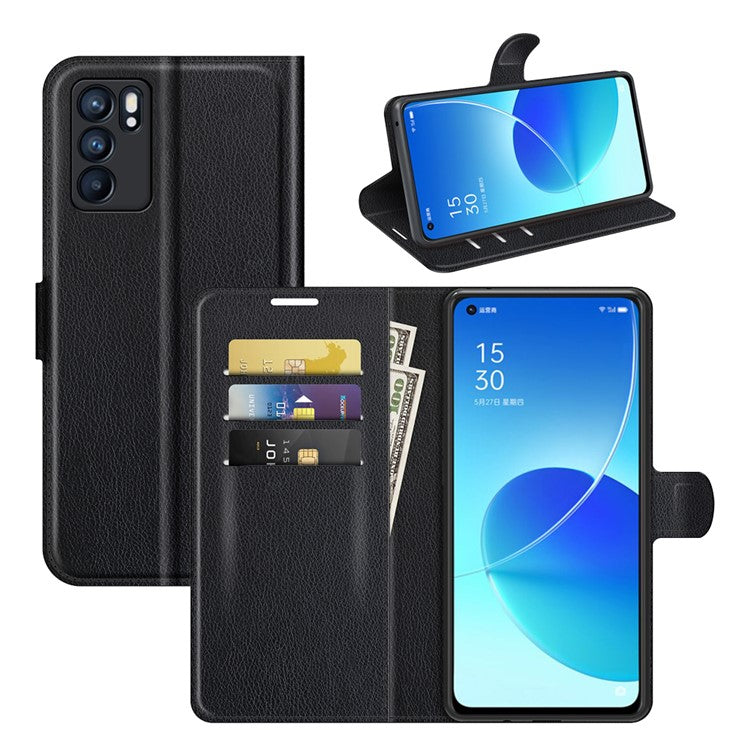 Litchi Skin Full Body Coverage Shockproof Protective Magnetic Folio Wallet Leather Phone Case for Oppo Reno6 5G - Black