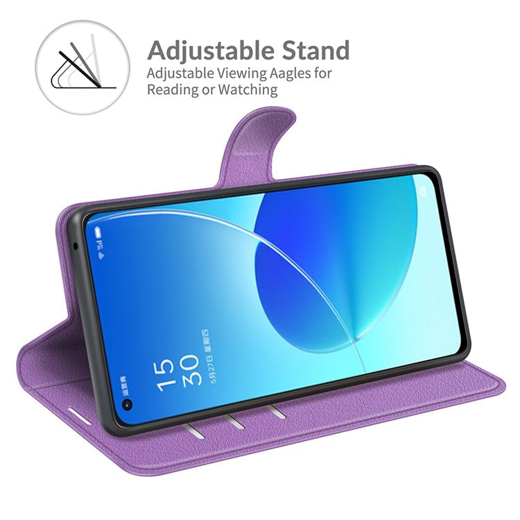 Litchi Skin Full Body Coverage Shockproof Protective Magnetic Folio Wallet Leather Phone Case for Oppo Reno6 5G - Purple