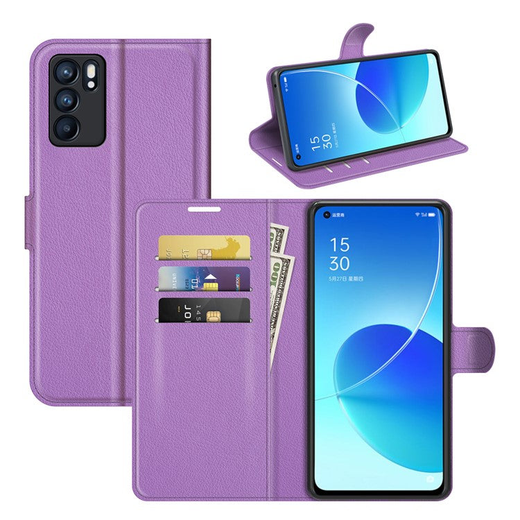 Litchi Skin Full Body Coverage Shockproof Protective Magnetic Folio Wallet Leather Phone Case for Oppo Reno6 5G - Purple
