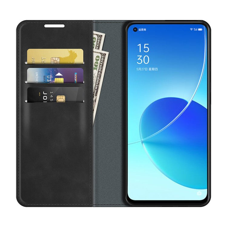 Skin-touch Auto-absorbed Folio Flip Leather Case with Wallet Stand for Oppo Reno6 5G - Black