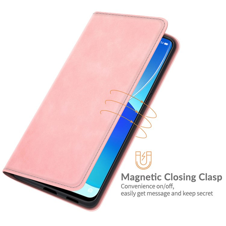 Skin-touch Auto-absorbed Folio Flip Leather Case with Wallet Stand for Oppo Reno6 5G - Pink