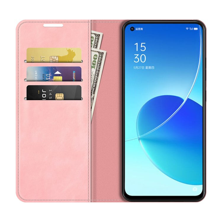 Skin-touch Auto-absorbed Folio Flip Leather Case with Wallet Stand for Oppo Reno6 5G - Pink