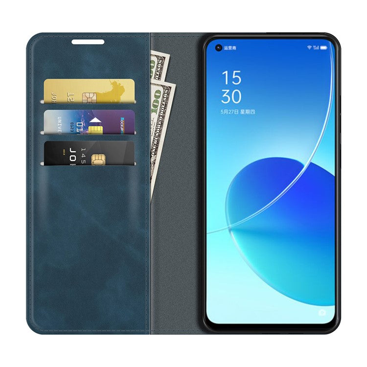 Skin-touch Auto-absorbed Folio Flip Leather Case with Wallet Stand for Oppo Reno6 5G - Blue