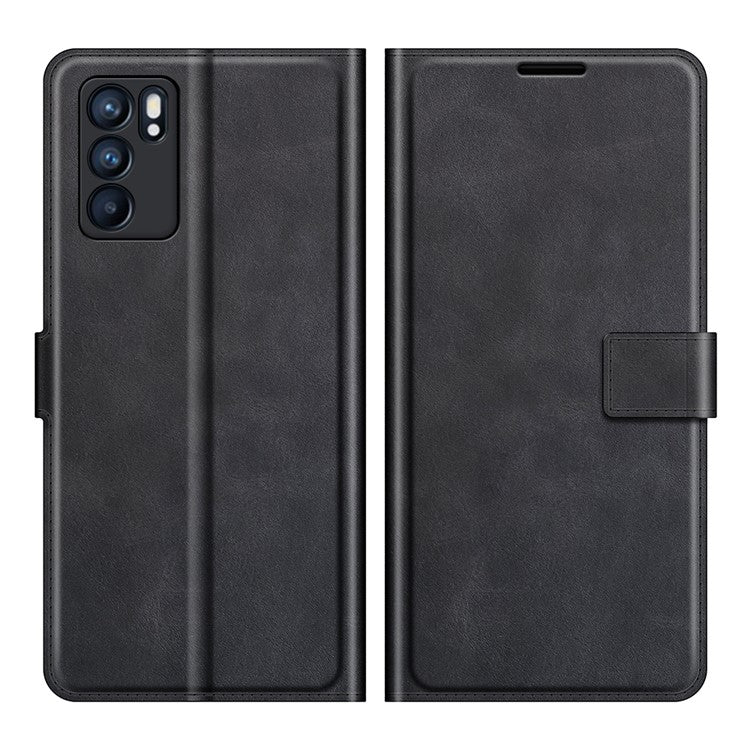 Magnetic Square Clasp Leather Stand Case Cover with Wallet for Oppo Reno6 5G - Black