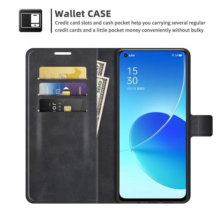 Magnetic Square Clasp Leather Stand Case Cover with Wallet for Oppo Reno6 5G - Black