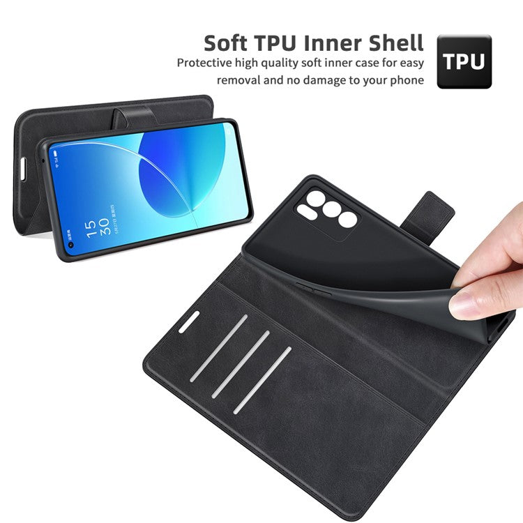 Magnetic Square Clasp Leather Stand Case Cover with Wallet for Oppo Reno6 5G - Black