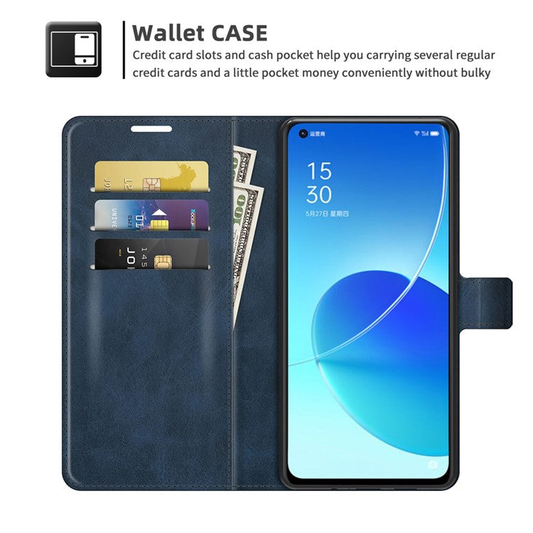 Magnetic Square Clasp Leather Stand Case Cover with Wallet for Oppo Reno6 5G - Blue
