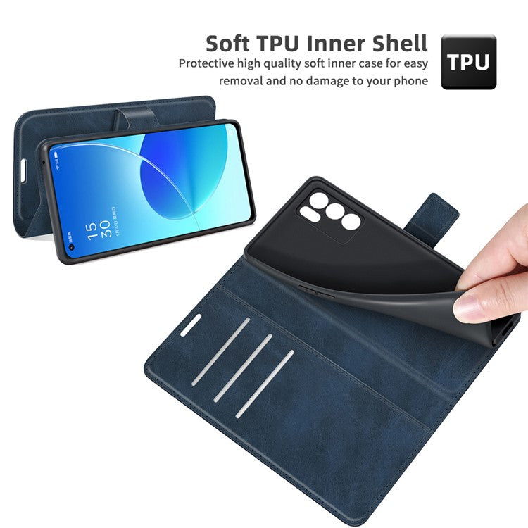 Magnetic Square Clasp Leather Stand Case Cover with Wallet for Oppo Reno6 5G - Blue