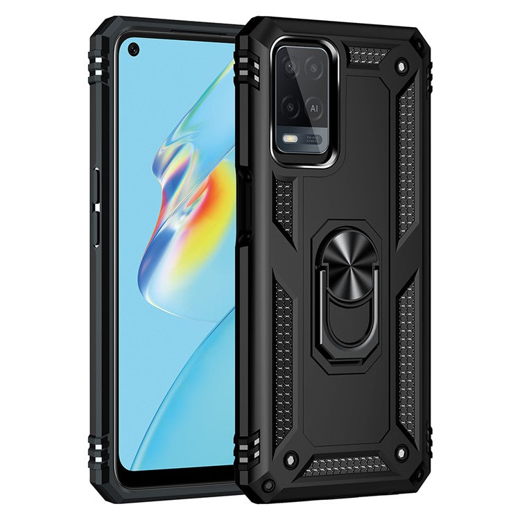 PC + TPU + Metal Hybrid Case Shockproof Phone Cover with Finger Ring Kickstand for Oppo A54 4G - Black