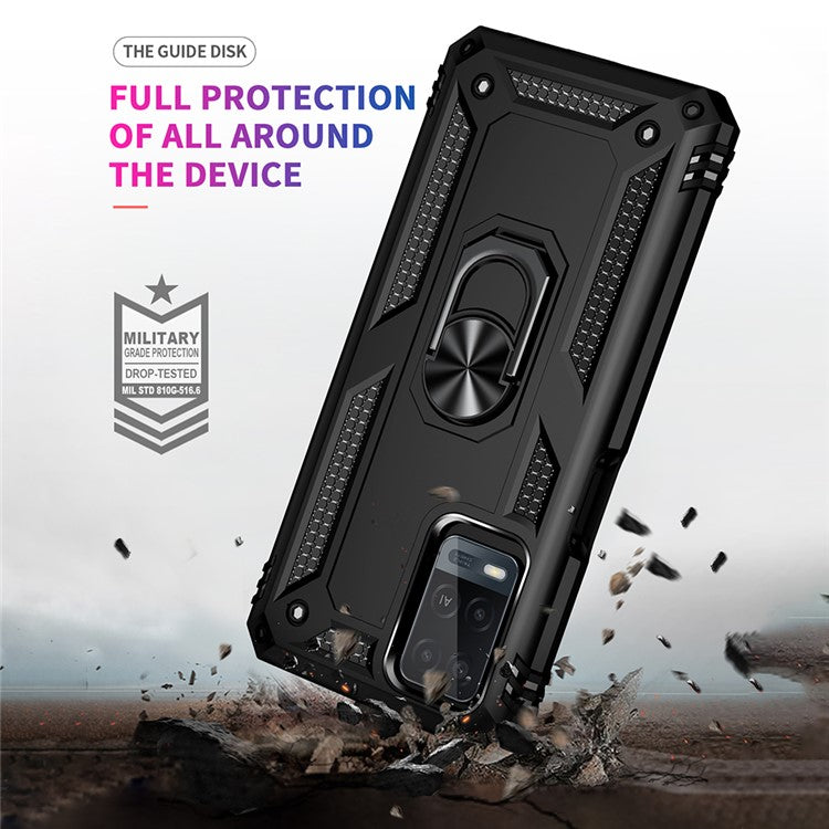 PC + TPU + Metal Hybrid Case Shockproof Phone Cover with Finger Ring Kickstand for Oppo A54 4G - Black