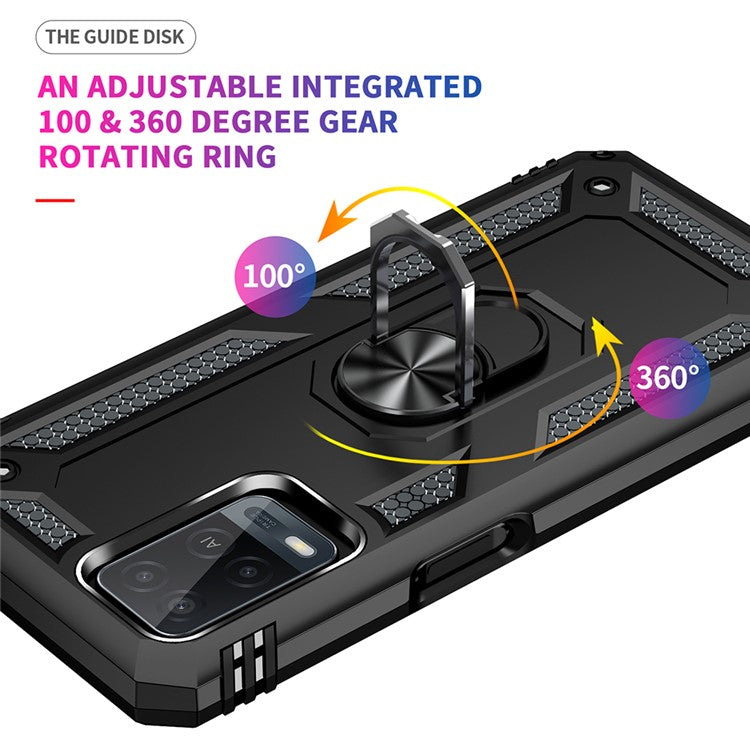 PC + TPU + Metal Hybrid Case Shockproof Phone Cover with Finger Ring Kickstand for Oppo A54 4G - Black