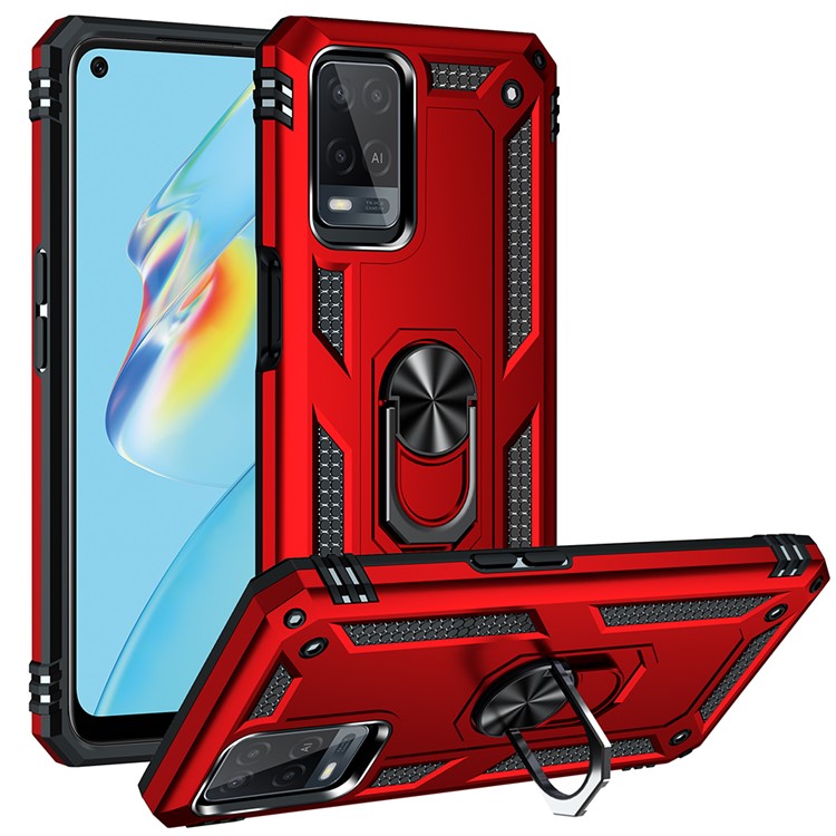 PC + TPU + Metal Hybrid Case Shockproof Phone Cover with Finger Ring Kickstand for Oppo A54 4G - Red