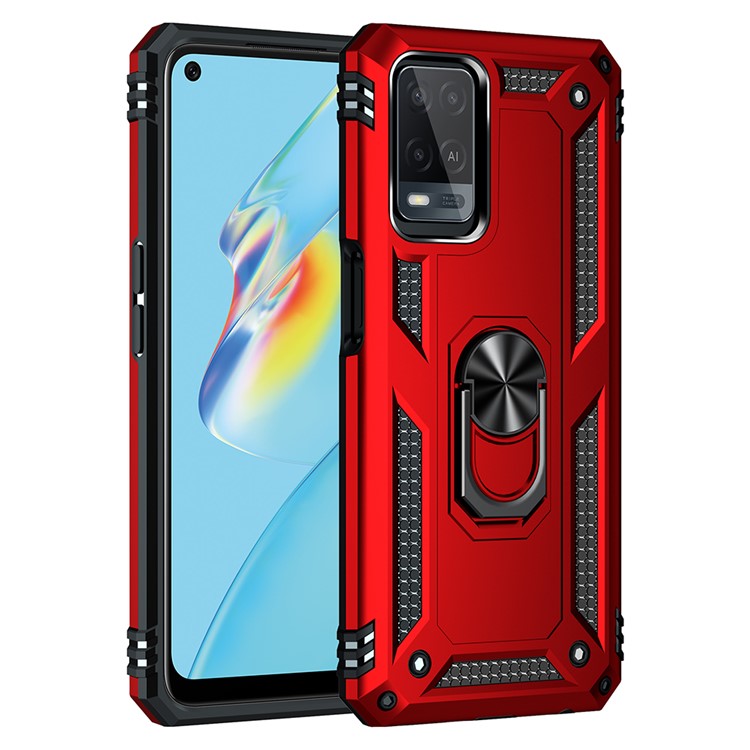 PC + TPU + Metal Hybrid Case Shockproof Phone Cover with Finger Ring Kickstand for Oppo A54 4G - Red