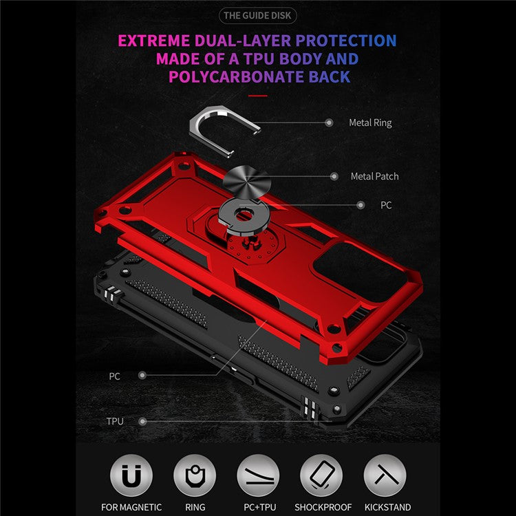 PC + TPU + Metal Hybrid Case Shockproof Phone Cover with Finger Ring Kickstand for Oppo A54 4G - Red