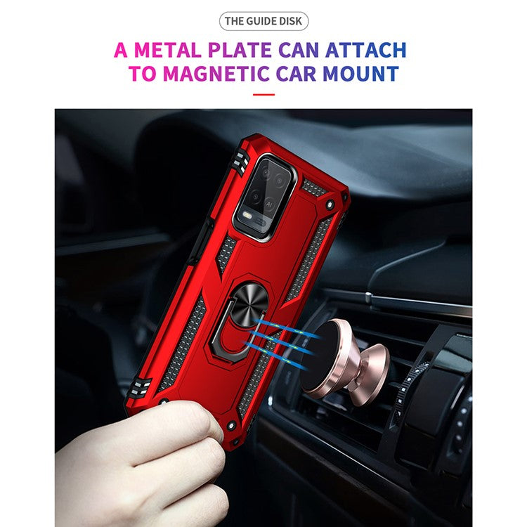 PC + TPU + Metal Hybrid Case Shockproof Phone Cover with Finger Ring Kickstand for Oppo A54 4G - Red