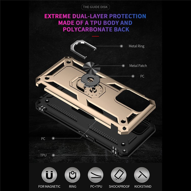 PC + TPU + Metal Hybrid Case Shockproof Phone Cover with Finger Ring Kickstand for Oppo A54 4G - Gold