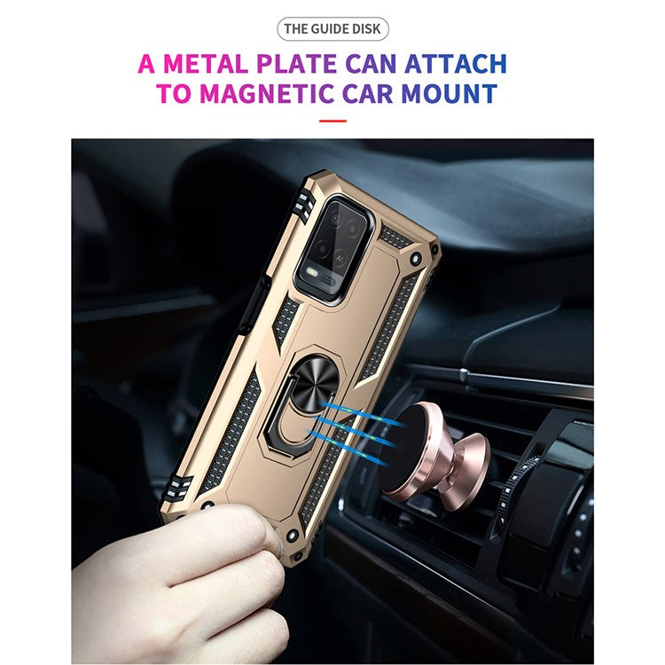 PC + TPU + Metal Hybrid Case Shockproof Phone Cover with Finger Ring Kickstand for Oppo A54 4G - Gold