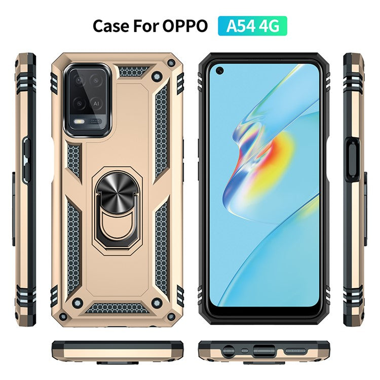 PC + TPU + Metal Hybrid Case Shockproof Phone Cover with Finger Ring Kickstand for Oppo A54 4G - Gold