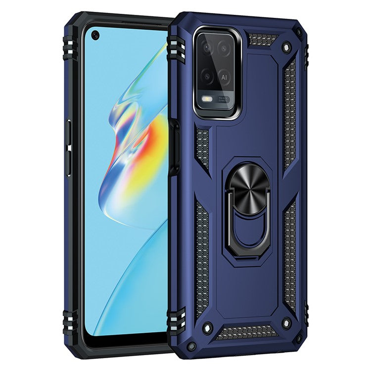 PC + TPU + Metal Hybrid Case Shockproof Phone Cover with Finger Ring Kickstand for Oppo A54 4G - Blue